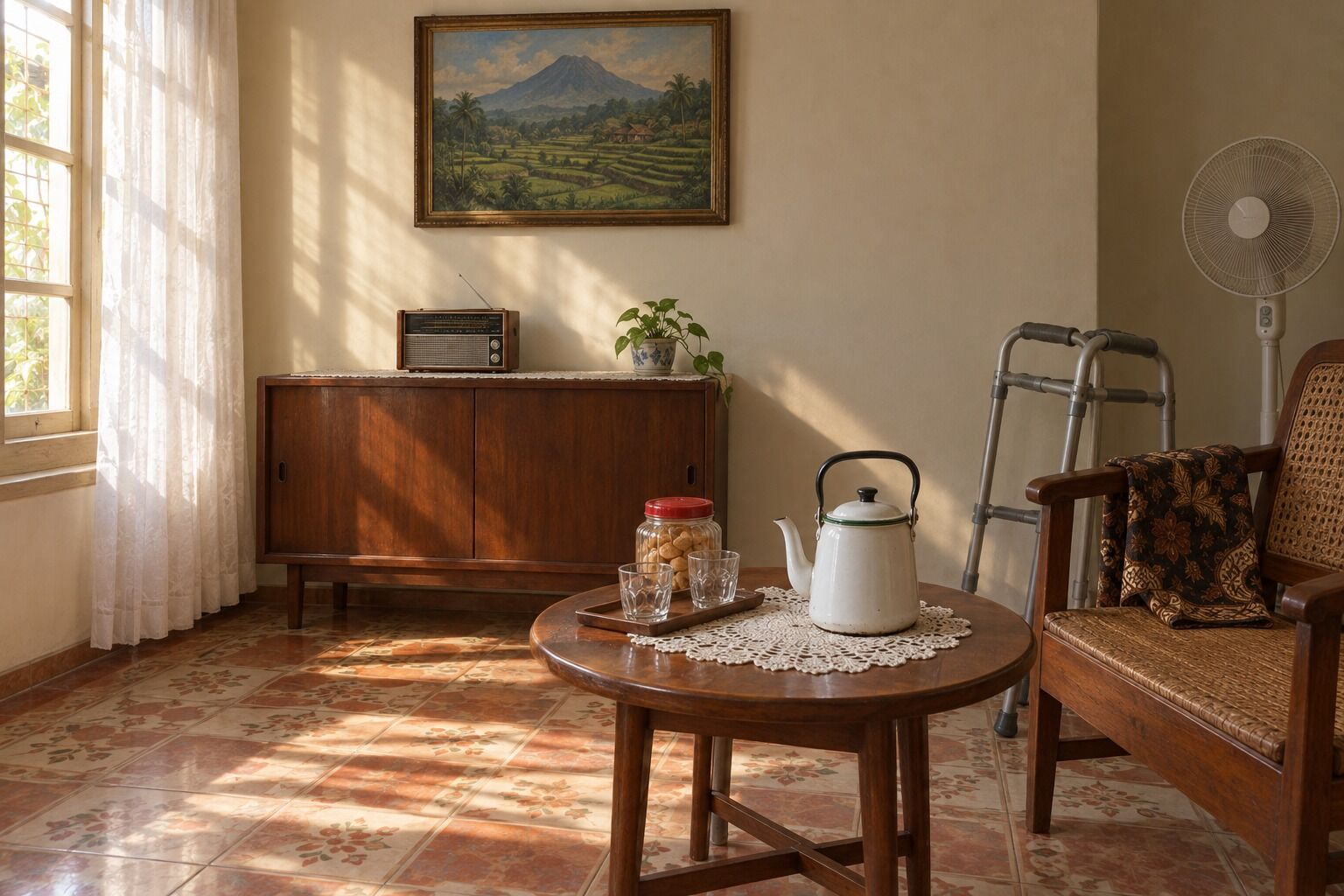 His living room, dimmed; the kettle stays lit inside its terracotta ring