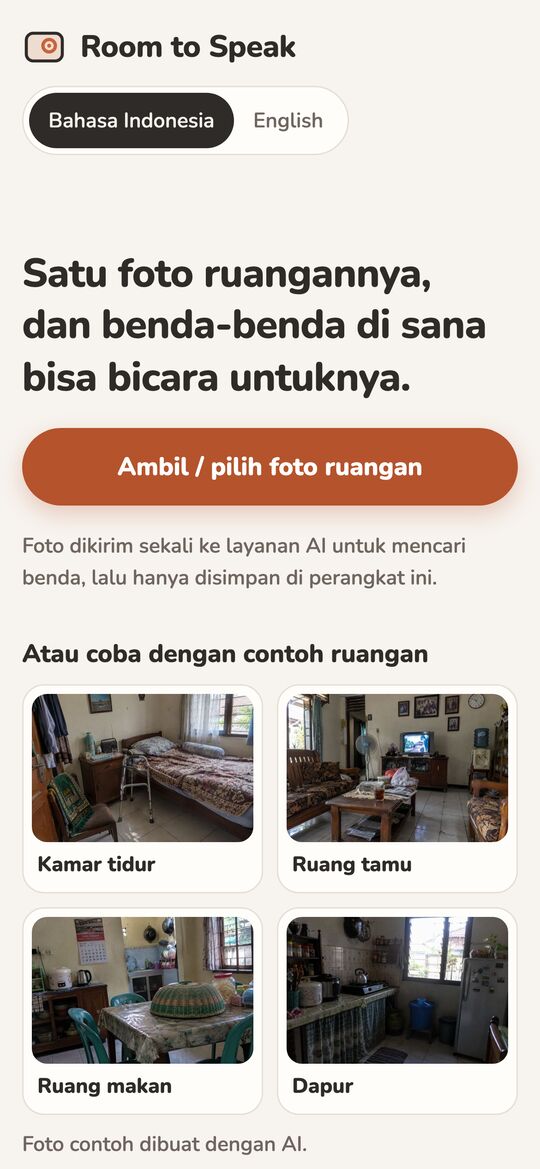 First open: a welcome line, a language choice, one button to take or choose a room photo, and four example rooms labelled as AI-generated.