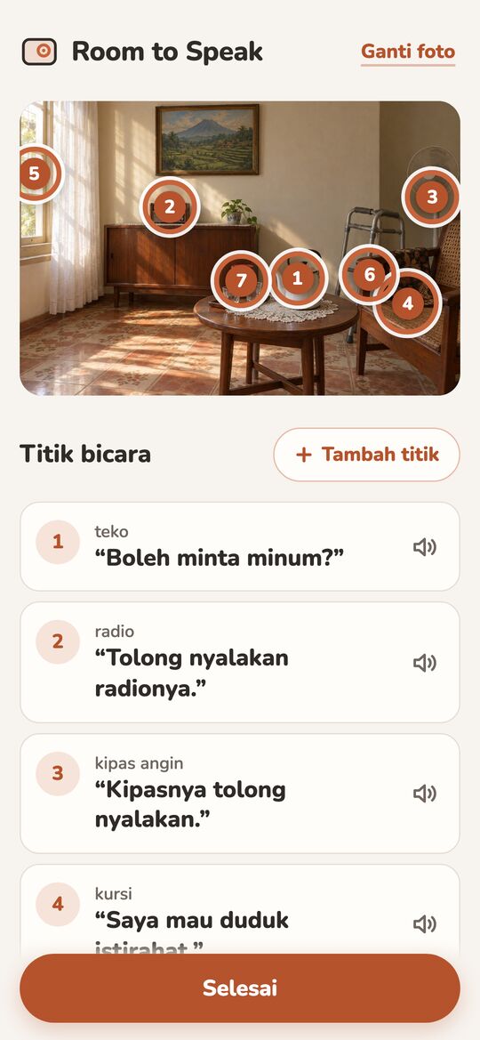 Setup: seven numbered rings on the photo and the list of phrases, with the Selesai (done) button.