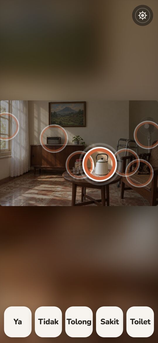 Speak mode after tapping the kettle: the room dimmed, the kettle lit inside its ring.