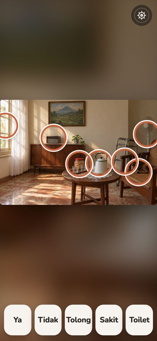 Speak mode on a phone: the room with rings and the five core words.