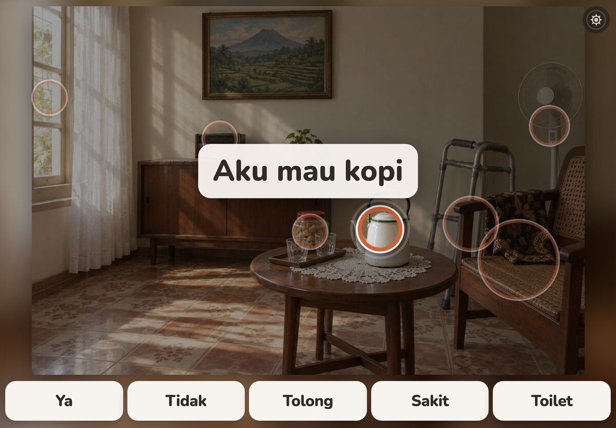 Speak mode without a matching voice: “Aku mau kopi” shown in large text over the dimmed room.
